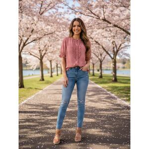 Gibsonlook Dusty Rose Dobby Pattern Ruffle Front Top - Size S